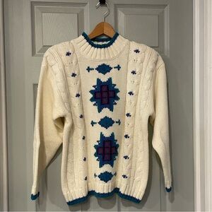 Gina Peters Women's M Vintage Cozy Cream Blue Purple Mock Neck Acrylic Sweater